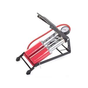 Dvojvalcová nožná pumpa s manometrom, vymeniteľnými hlavicami, čierno-červená