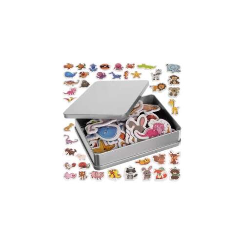 Állatfigurás hűtőmágnes készlet fémdobozban, 42 db, 19 x 14 x 4,5 cm