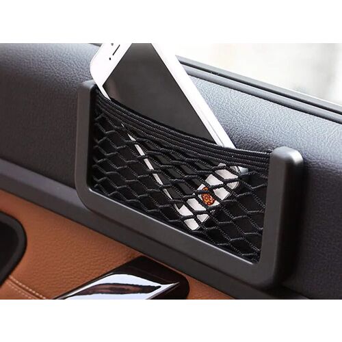 Car mesh organizer pocket holding a smartphone