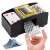 Automatic card shuffler for 2 decks of cards, black and yellow color, 20x9.5x8 cm, showing how to insert cards