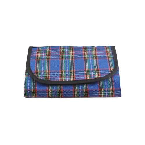Blue and red checkered picnic blanket with handle