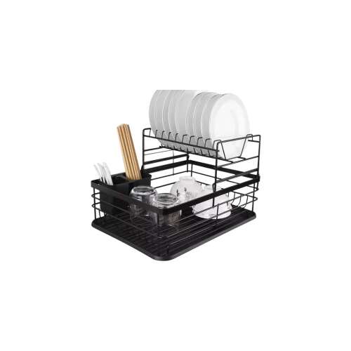 Ruhhy Kétszintes edényszárító, csepegtető tálcával, fém/műanyag, 43 x 29 x 27 cm, fekete