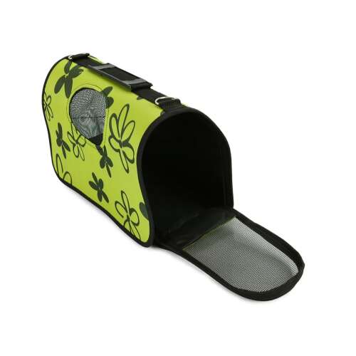 Zöld mintás háziállat hordozó virágmintával, nyitva, belülről látható