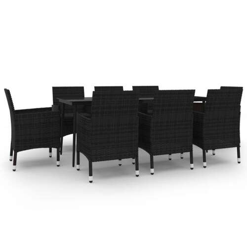 9 részes fekete polyrattan kerti étkezőgarnitúra párnákkal - Kerti étkezőgarnitúra