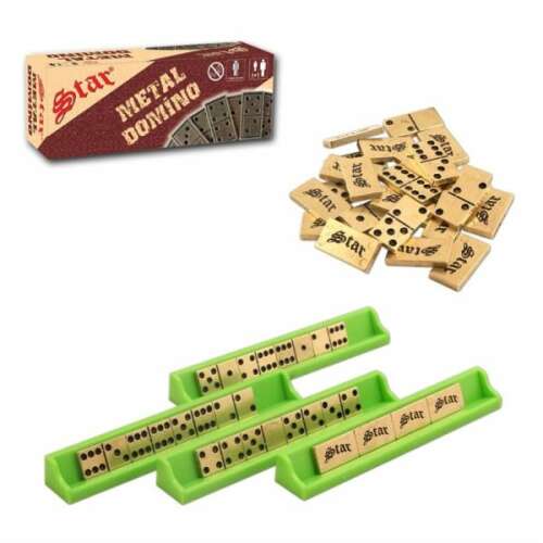 Star fém dominó játék készlet, klasszikus dominók fémből, doboz és tartók tartoznak hozzá