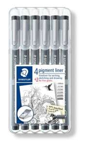 Sada STAEDTLER Pigment Liner 308 Fineliner, 6 čiernych pier, rôzne hrúbky čiar, na písanie, kreslenie a kreslenie - Rostiróny a tenké popisovače