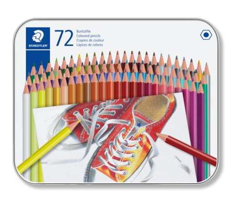 STAEDTLER 72 piece colored pencil set in a metal tin, featuring a drawing of red sneakers