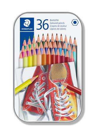 Set de creioane colorate hexagonale Staedtler în cutie metalică (36 de bucăți)