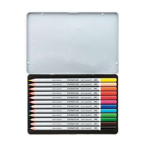 Creioane acuarelabile STAEDTLER Karat aquarell 125, 12 culori, cutie metalică