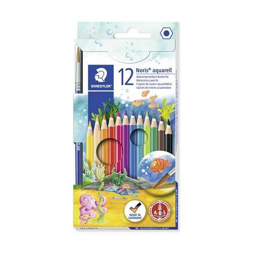 STAEDTLER Noris aquarell 12 watercolor pencils set with brush, 12 different colors, made in Germany