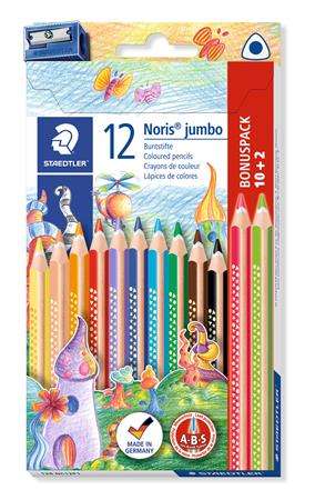 Set bojica u boji STAEDTLER Noris Jumbo 128, 12 komada, s oštrilom, 10+2 boja, proizvedeno u Njemačkoj