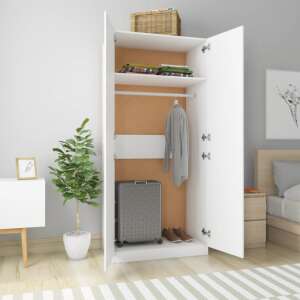 White wardrobe with two doors open, showing interior with shelves and hanging rod - Office Furniture