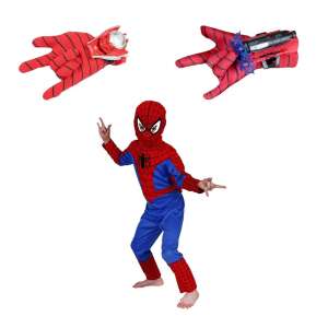 Set costum Spiderman si doua lansatoare cu discuri si ventuze plastic pentru copii 3-5 ani 95-110 CM 58210434 Costume pentru copii