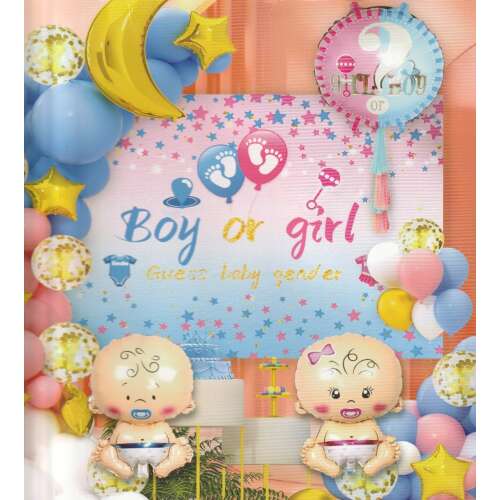 Gender reveal party decorations set with blue and pink balloons, boy and girl foil balloons, and a banner that says "Boy or girl? Guess baby gender"