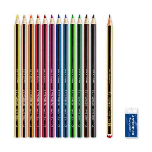 STAEDTLER Noris 185 colored pencils set, 12 colors, hexagonal, with graphite pencil and eraser