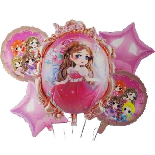 Princess themed foil balloon bouquet, includes 5 balloons, 2 star shaped, 2 round with princess image, 1 round with princess image in a frame, perfect for birthday parties and celebrations