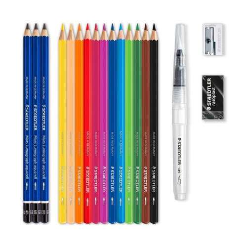 STAEDTLER Set de creioane acuarelă cu pensulă, radieră, ascuțitoare, creion grafit, STAEDTLER Design Journey, 12 culori diferite