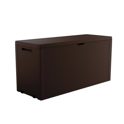 Keter Emily 280L brown garden storage box, angled view.