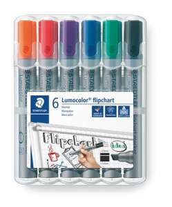 Set de markere pentru flipchart STAEDTLER Lumocolor, 6 culori asortate, vârf înclinat de 2-5 mm - Markere whiteboard