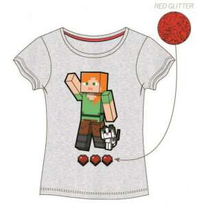 Minecraft lány karakterrel, macskával és szívekkel ellátott gyerek póló, piros csillámos nyomattal - Mojang
