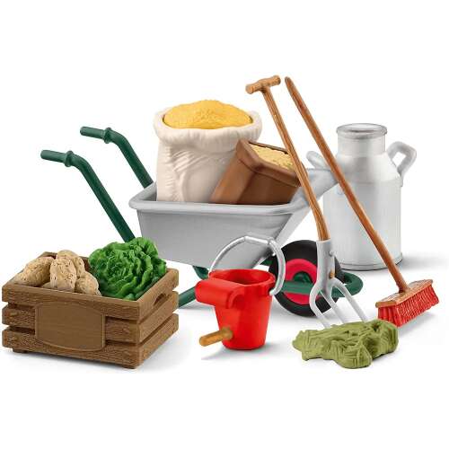 Schleich Farm World Feed and Care Set for Farm Animals, 11 pieces, includes wheelbarrow, bucket, hay, grain, milk can, pitchfork, broom, vegetables, and more