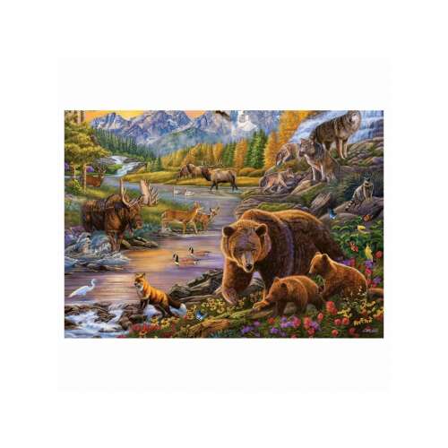 Puzzle Ravensburger cu 500 de piese, asamblat, prezentând o scenă naturală frumoasă cu urși, lupi și alte animale