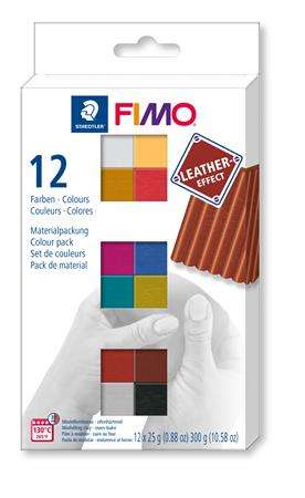 FIMO Modelliermasse Set, 12x25 g, ofenhärtend, FIMO "Leather Effect" , 12 verschiedene Farben