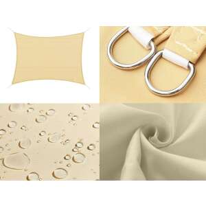 Collage von Details des beigen Sonnensegels: Stoff, Hardware, wasserdichter Test - Garten