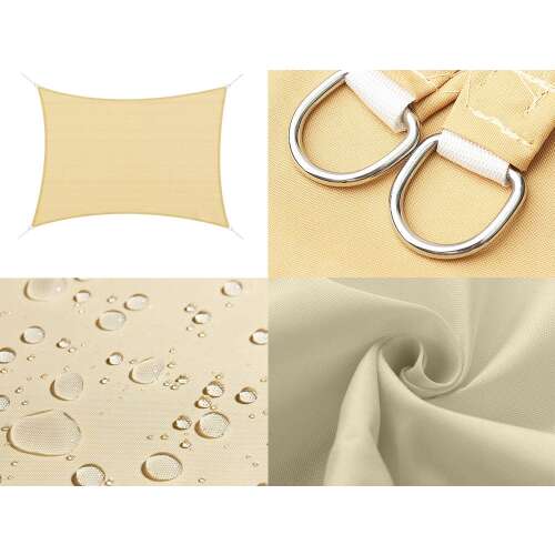 Collage von Details des beigen Sonnensegels: Stoff, Hardware, wasserdichter Test