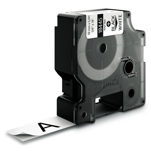 Bandă etichete DYMO Rhino 18445 Vinil negru pe alb, 19mm x 5.5m