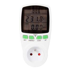 Energy consumption meter socket with display showing energy, voltage and cost - Electricity Meter