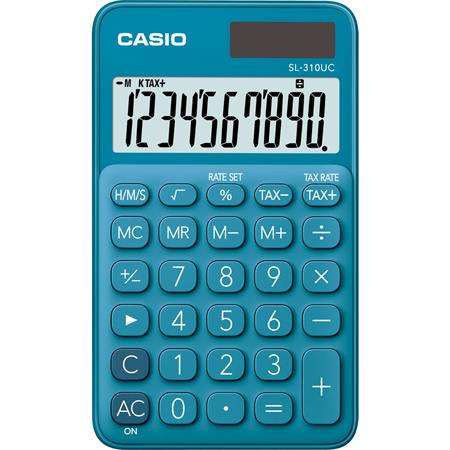 Kalkulator CASIO SL-310UC plave s 10 znamenki, izračun poreza, memorijom, kvadratnim korijenom, izračunima vezanim uz vrijeme