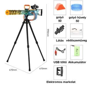 Dollcini Gatling játékpisztoly állvánnyal, 50 db puha nyíllal, 50 db golyóval, védőszemüveggel, távcsővel, újratölthető akkumulátorcsomag, töltőkábel és kézikönyv - Dollcini