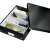 LEITZ Click&Store M size black storage box with lid open, showing dividers and office supplies inside