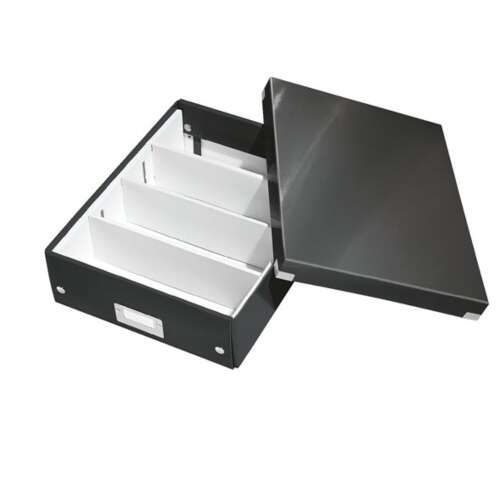 LEITZ Click&Store M size black storage box with lid open, showing dividers