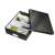 LEITZ Click&Store M size black storage box with lid open, showing dividers and office supplies inside