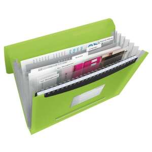 Zielony folder harmonijkowy Esselte Vivida A4 z 6 kieszeniami, otwarty, z papierami i etykietami - Folder harmonijki
