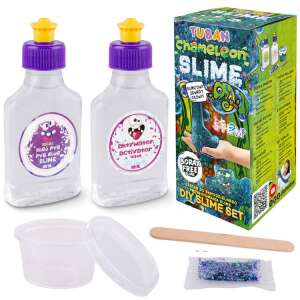 Комплект Tuban Chameleon Slime DIY Slime, включва 2 бутилки с прозрачна течност, едната етикетирана като PVA лепило, а другата като активатор, и двете с лилави капачки и жълти капачки, малък пластмасов контейнер с капак, дървена пръчка и торбичка с перлено блестящ блясък - Tuban