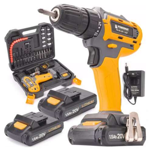 Powermat PM-WA-20V-1.5AZT akkumulátoros fúró-csavarbehajtó készlet 28 tartozékkal, 2 akkumulátorral, töltővel és hordtáskával