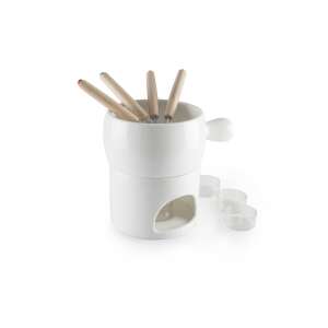 Ibili Flexible Chocolate Fondue Set, white ceramic fondue pot with 4 forks and 4 candle holders - Fondue set