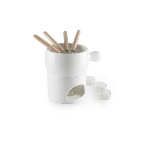 Ibili Flexible Chocolate Fondue Set, white ceramic fondue pot with 4 forks and 4 candle holders