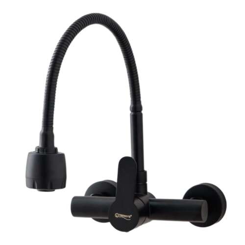 TRENDY S matt fekete hattyúnyakú konyhai csaptelep, flexibilis csővel, falra szerelhető