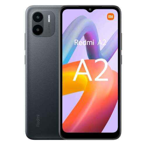 Xiaomi Redmi A2 4G okostelefon, fekete, elülső és hátlapi nézet