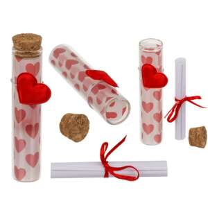 Üzenet üveg Love: Mehrere Ansichten der Glasnachrichtenflasche mit Herz, Korken und Schriftrolle mit rotem Band - Geschenkidee zum Valentinstag