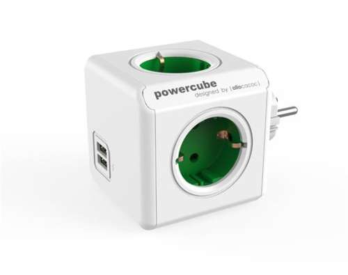Priză PowerCube Original USB cu 4 prize și 2 porturi USB, alb și verde