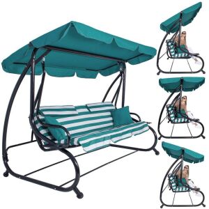 Collage of Springos garden swing bed with canopy in use - Swing Bed