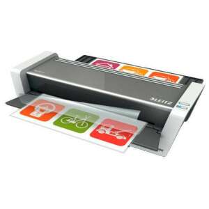 LEITZ iLAM Touch 2 A3 lamináló gép, fehér és antracit színben, ferde nézet, papírlap laminálása - Esselte