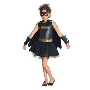 Batgirl Deluxe Costume for Girls, DC Comics, black dress with gold bat symbol, cape, mask, belt and gloves - DC