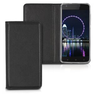 kwmobile Blackview A7 black leather flip case with phone, open view - Blackview