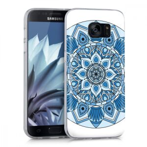 kwmobile Samsung Galaxy S7 blue mandala phone case on phone angled view - Phone Case